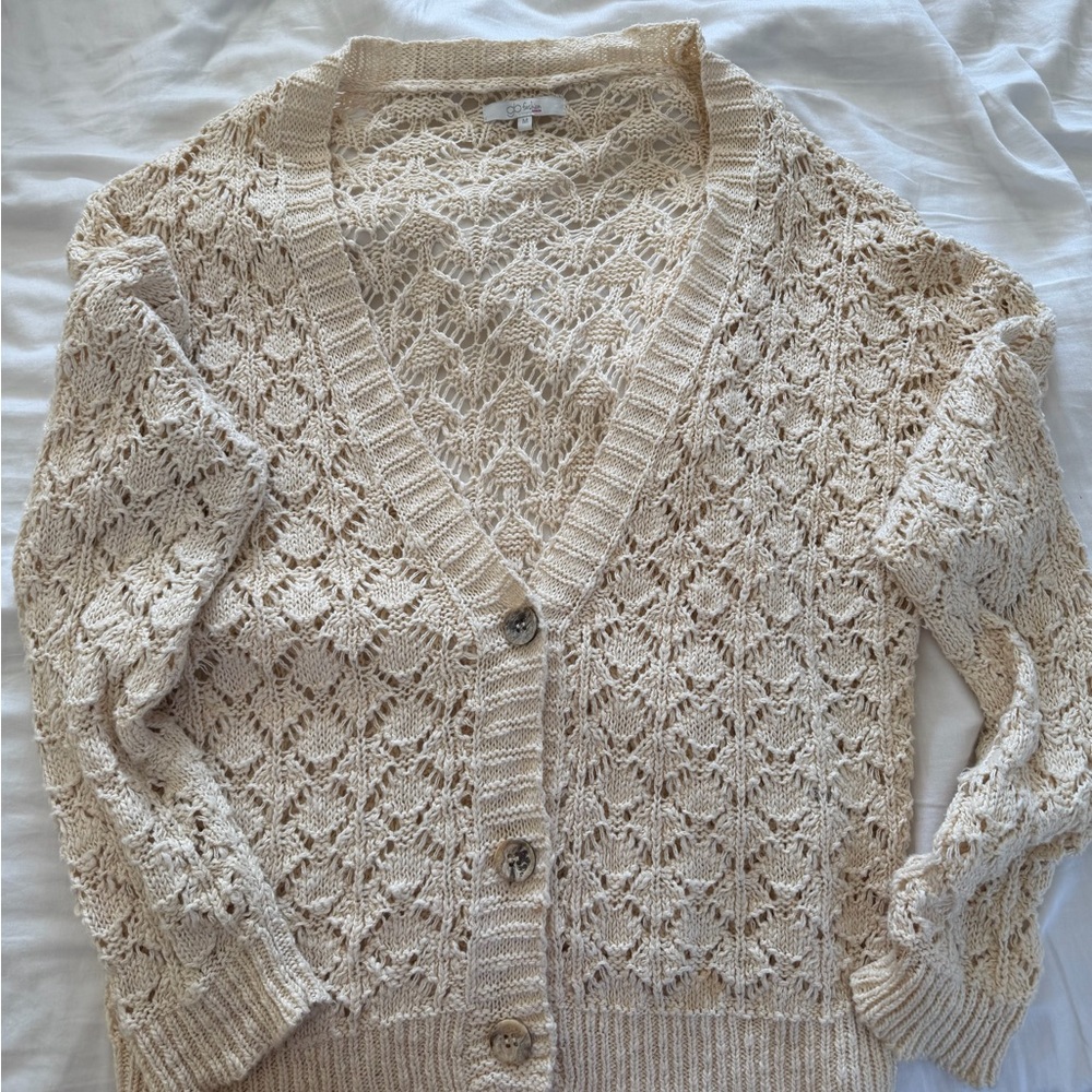 h.i.p. Open Crochet V-Neck Button Cardigan in Cream